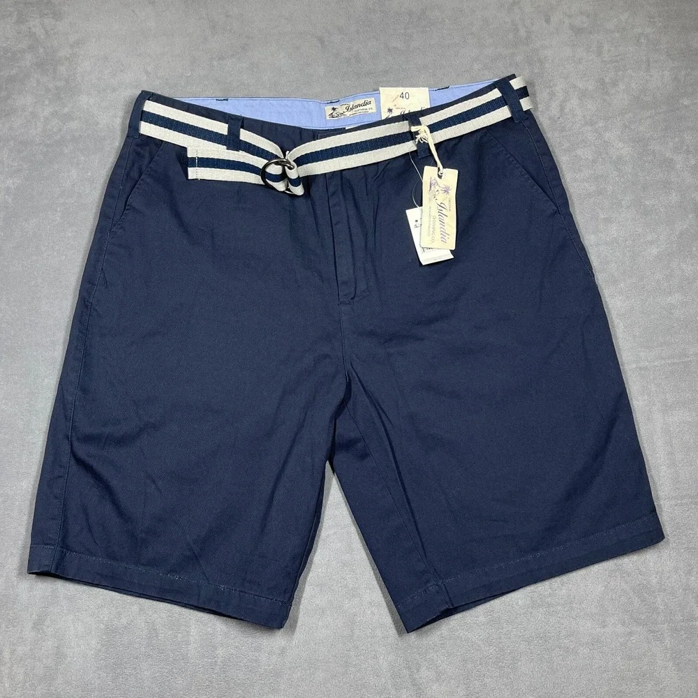 Islandia Men's Shorts 40 Navy Cotton Belted Flat Front Casual Summer NWT **READ* - Picture 1 of 14